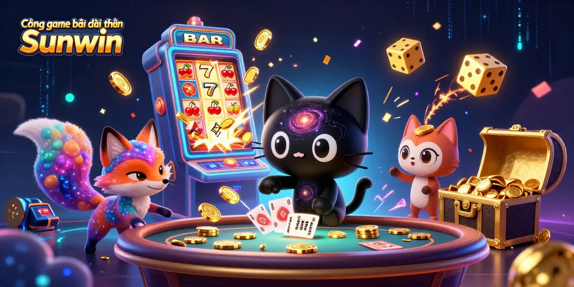 Cổng game bài đổi thưởng Sunwin showcases a 3D black hole cat and a nebula fox at a vivid cosmic casino.