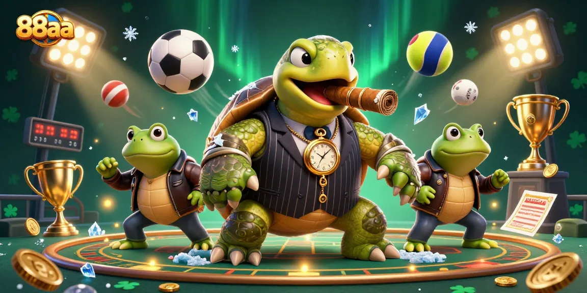 Engage with 88aa's vibrant casino scene showcasing a turtle mobster and bullfrogs in action.