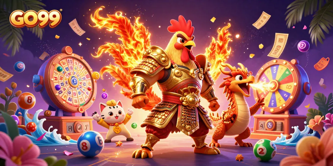 Engage with GO99 as a dynamic 3D cartoon illustration depicts gaming excitement with vibrant elements