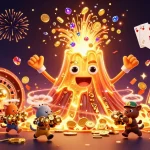 Engage with U888's vibrant casino scene showcasing a golden volcano erupting treasures and dynamic gaming elements.