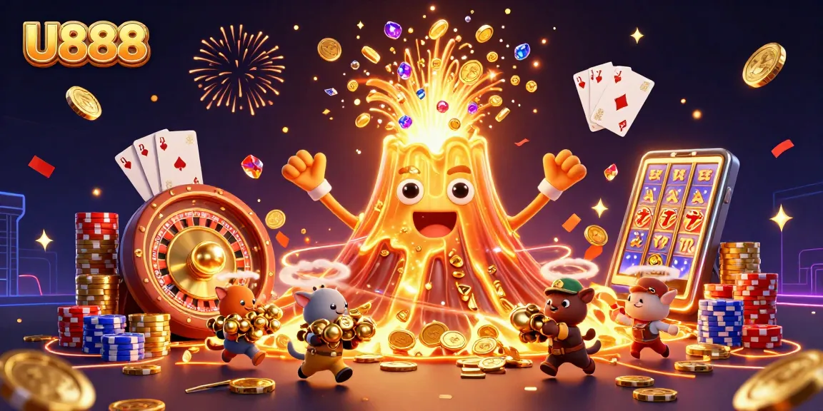 Engage with U888's vibrant casino scene showcasing a golden volcano erupting treasures and dynamic gaming elements.