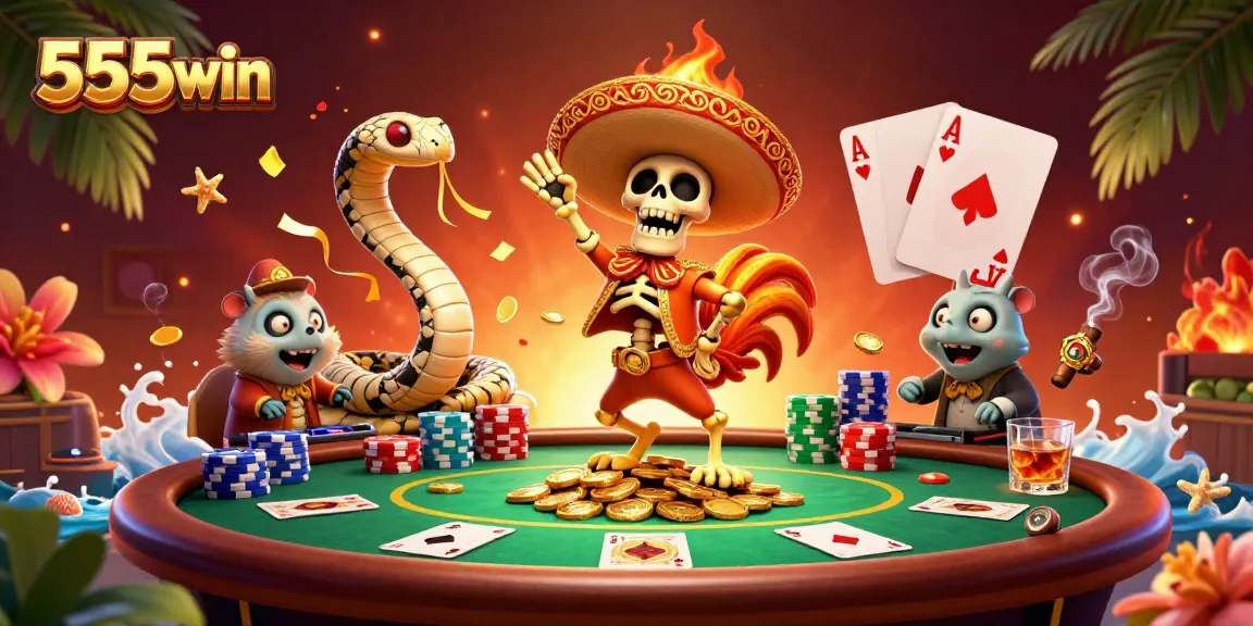 Experience the excitement of 555win with vibrant characters and casino elements in a thrilling 3D scene.
