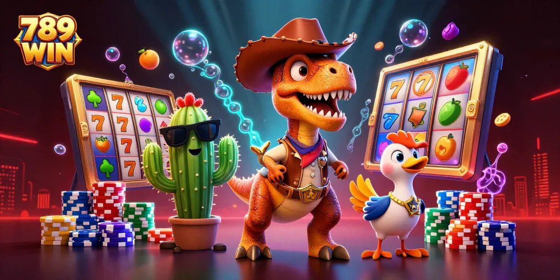 Experience vibrant slot action with 789 WIN featuring a cowboy dinosaur and colorful jackpot elements.