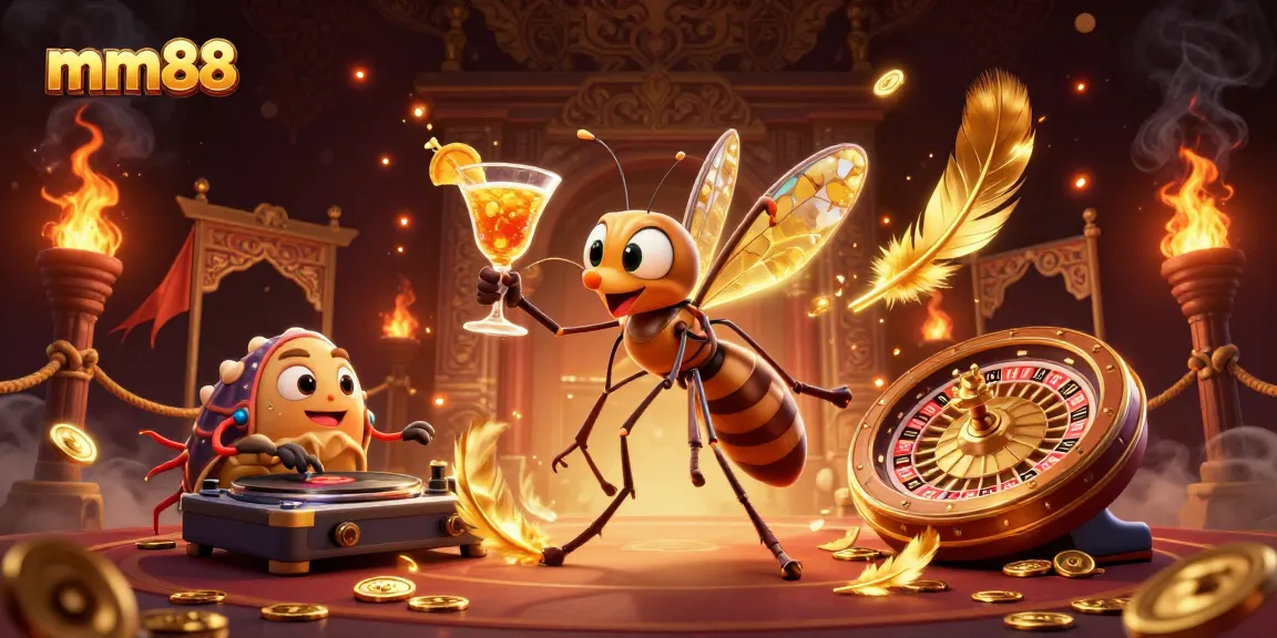 Experience thrilling mm88 action with an animated casino mascot and golden roulette wheel.
