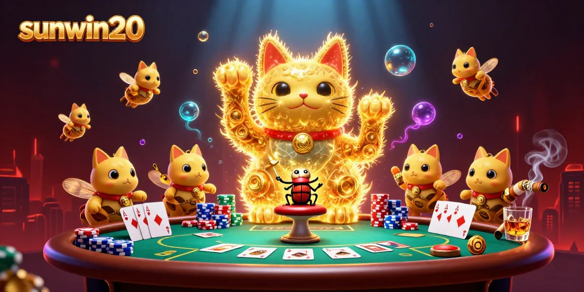 Experience dynamic gaming with the sunwin20 lucky cat surrounded by poker action.