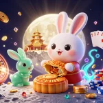 Experience thrilling gameplay with rr88 58k as the moon rabbit reveals poker chips in a vibrant casino scene.