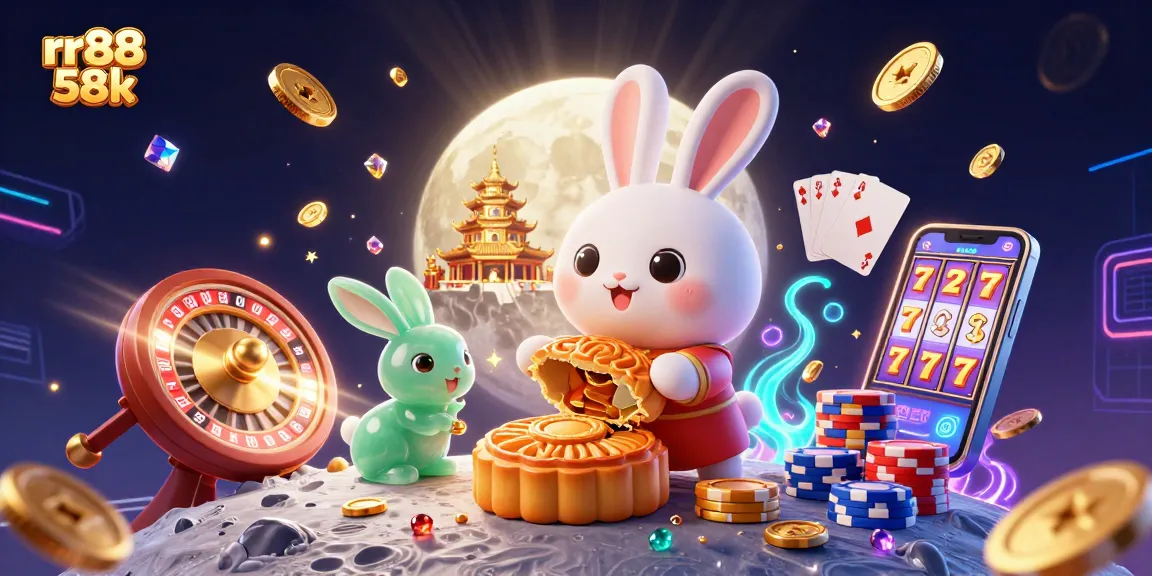 Experience thrilling gameplay with rr88 58k as the moon rabbit reveals poker chips in a vibrant casino scene.