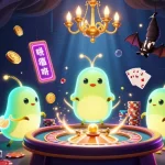 Engage in a vibrant gaming experience with 555win, featuring dynamic glowworm characters in a lively casino.