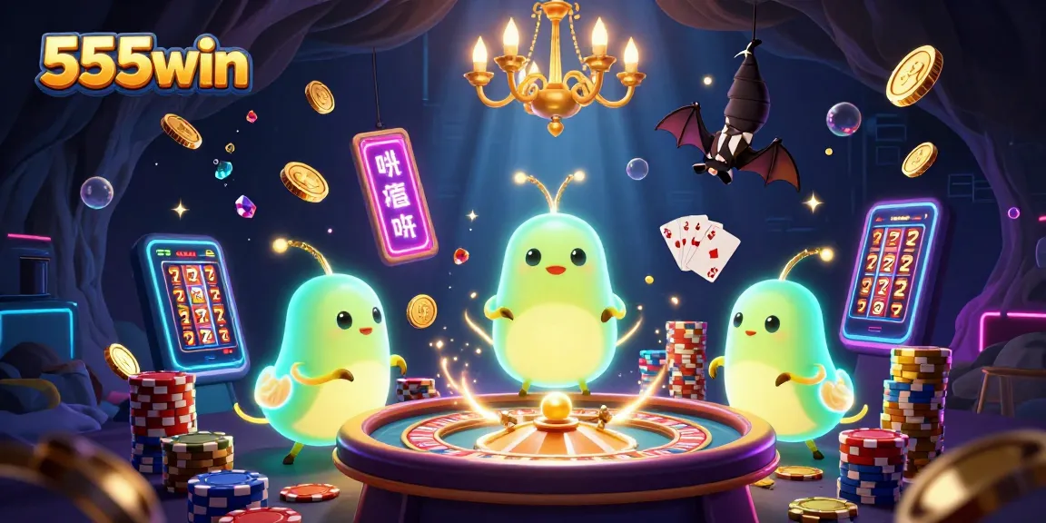 Engage in a vibrant gaming experience with 555win, featuring dynamic glowworm characters in a lively casino.