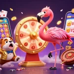 Spin to win with SHBET's exciting game show scene featuring a lively bulldog and flamingo host!